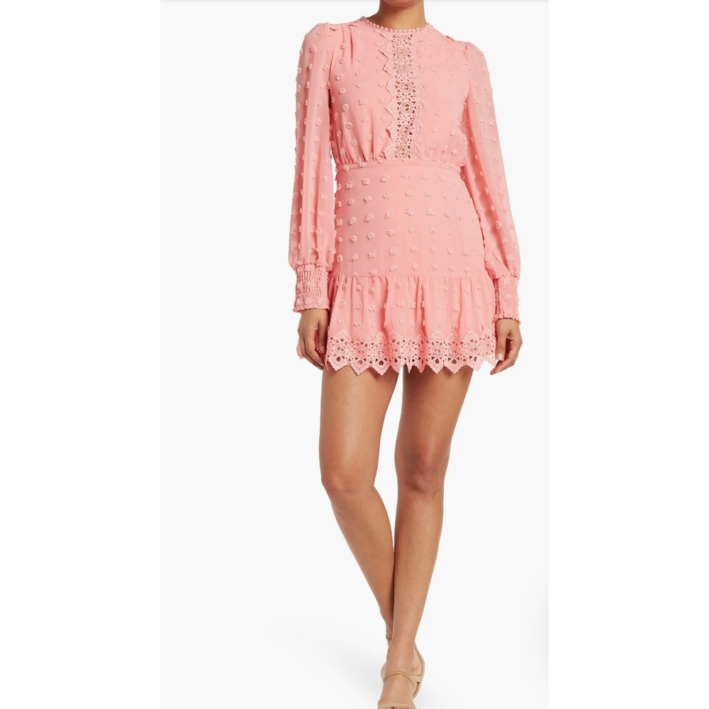 Love by Design Rina Long Sleeve Swiss Dotted Chiffon Lace Trim Pink Dress Small